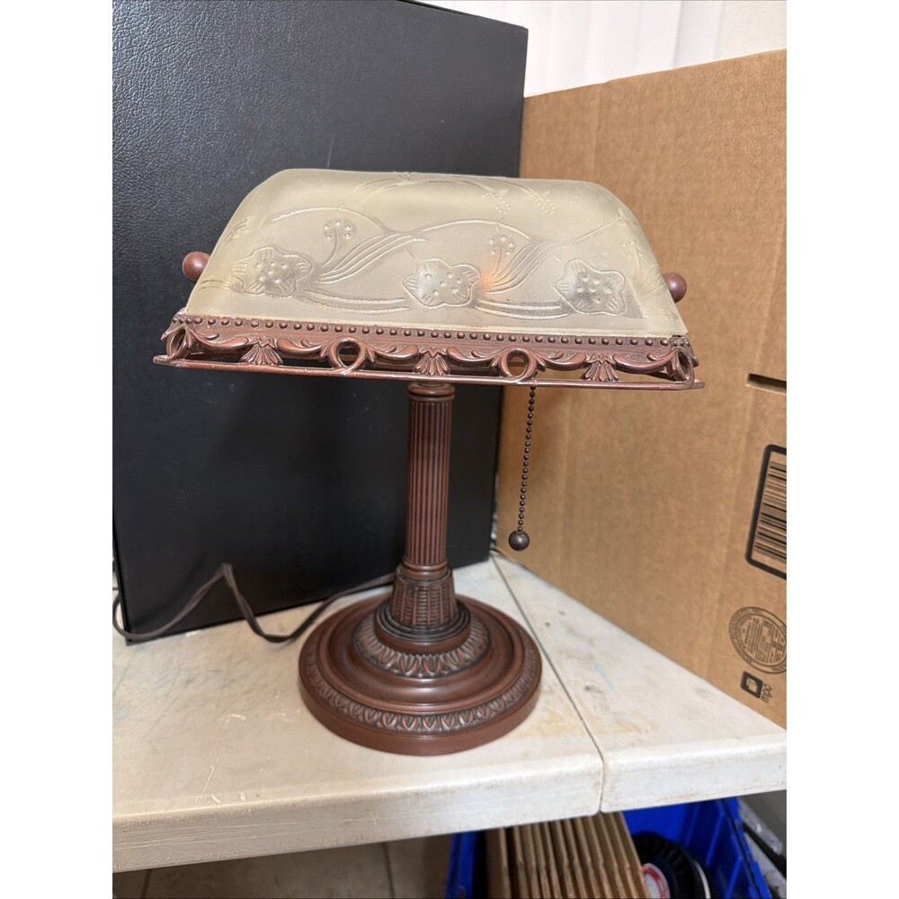 Bronze Bankers Desk Lamp Frost Etched Glass Tilting Shade 15” Vintage Stunning